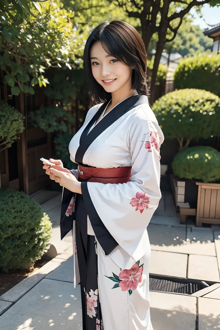 A 16-year-old Japanese girl is smiling and standing by the lake:1.8, ((Big Breasts)):1.2, cleavage, Full body photo:1.98K, RAW Photos, Highest quality, masterpiece, realistic, Photorealism:1.37, (Best Shadow), sexy, Physically Based Rendering, Cinema Lighting, Raw photo, Realism, Realistic photos, Sharp focus:1.2, Full body photo:1.9, The whole body is visible:1.9, Beautiful woman with perfect style:1.3, Beautiful legs:1.3, alone, slender:1.2, (Flowing black and very long hair):1.4, Smile slightly:1.2, Black shoes:1.4, Highly detailed face and skin texture:1.2, Long black hair:1.7, Light on face, View from the front:1.4, A strong wind is blowing from the left:1.7, Hair fluttering in the wind,Beautiful toes:1.9, Ukiyo-e.Long-sleeved kimono