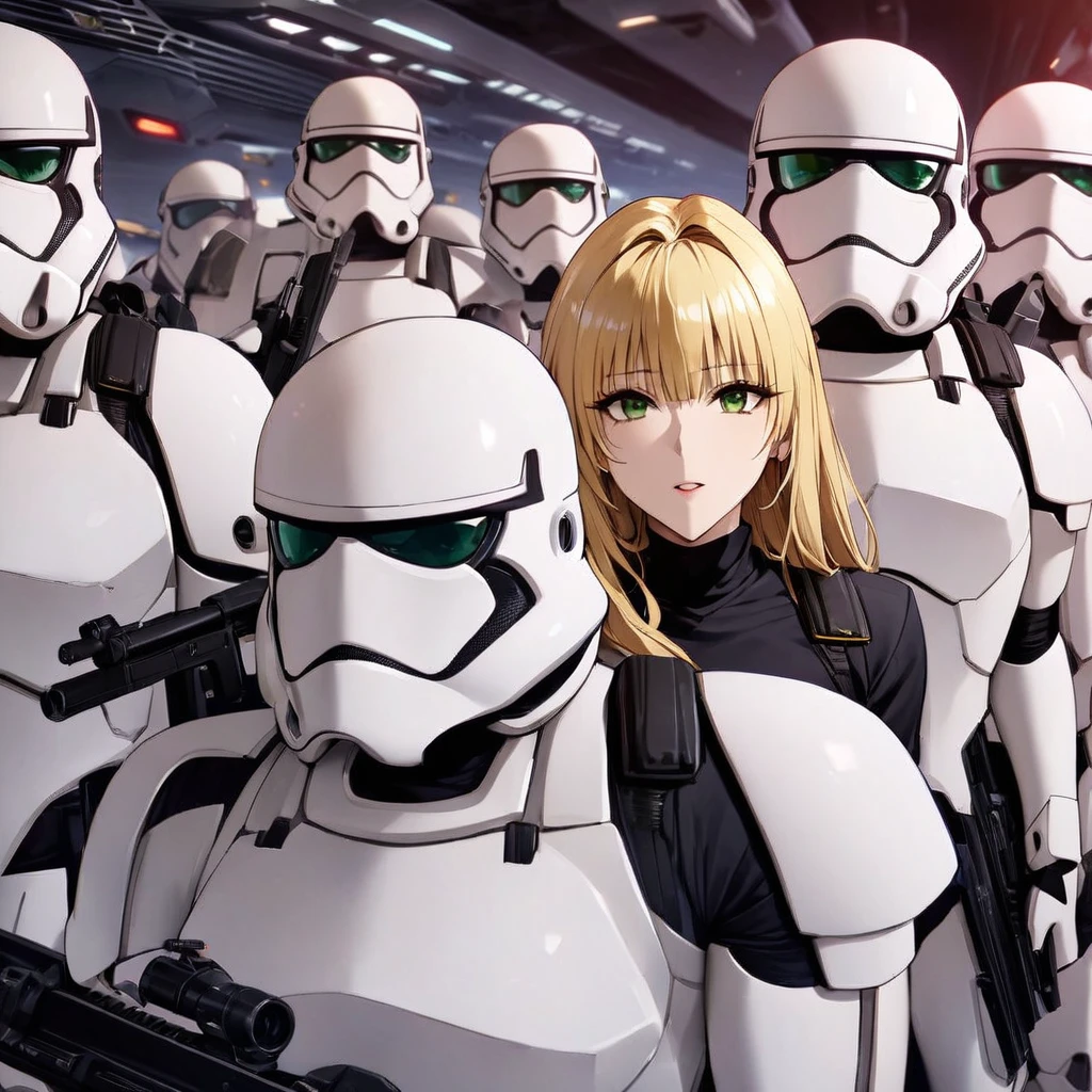 ((Highest quality)), ((masterpiece)), (detailed), (Perfect Face)、The woman is Tiare, a beautiful Stormtrooper with green eyes and medium-long blonde hair, carrying an assault rifle-type blaster.、On Imperial spaceships, they line up in orderly rows with other Stormtroopers and serve in loyalty to Emperor Palpatine.