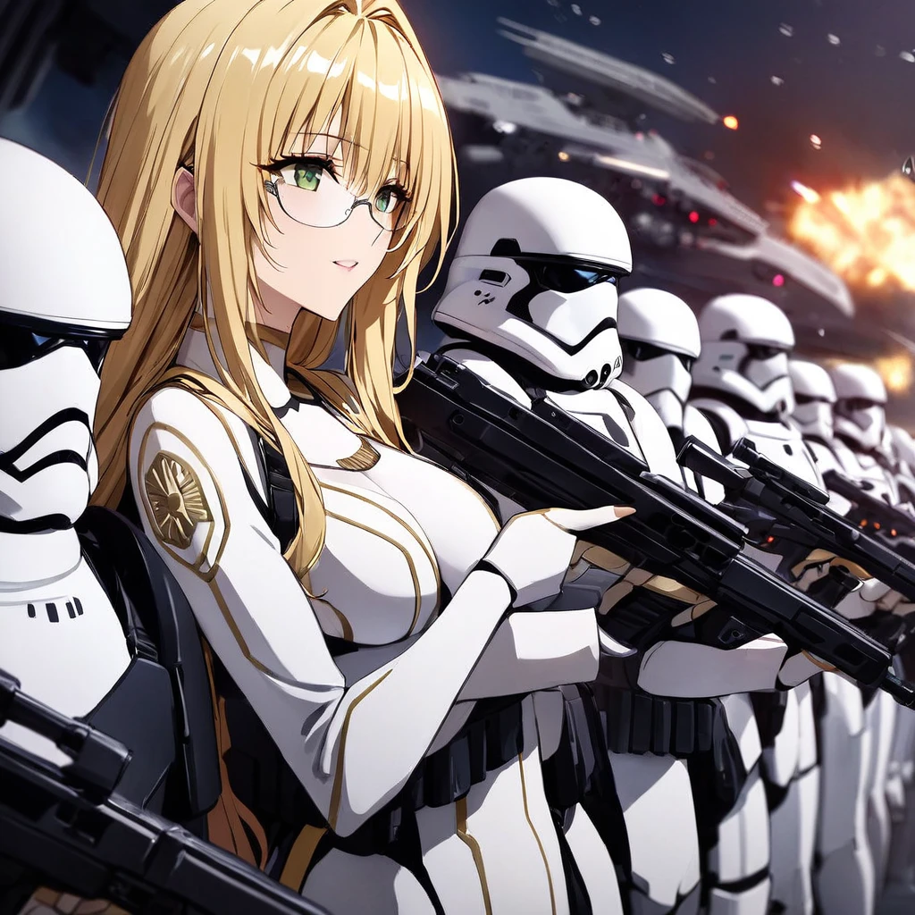 ((Highest quality)), ((masterpiece)), (detailed), (Perfect Face)、The woman is Tiare, a beautiful Stormtrooper with green eyes and medium-long blonde hair, carrying an assault rifle-type blaster.、On Imperial spaceships, they line up in orderly rows with other Stormtroopers and serve in loyalty to Emperor Palpatine.