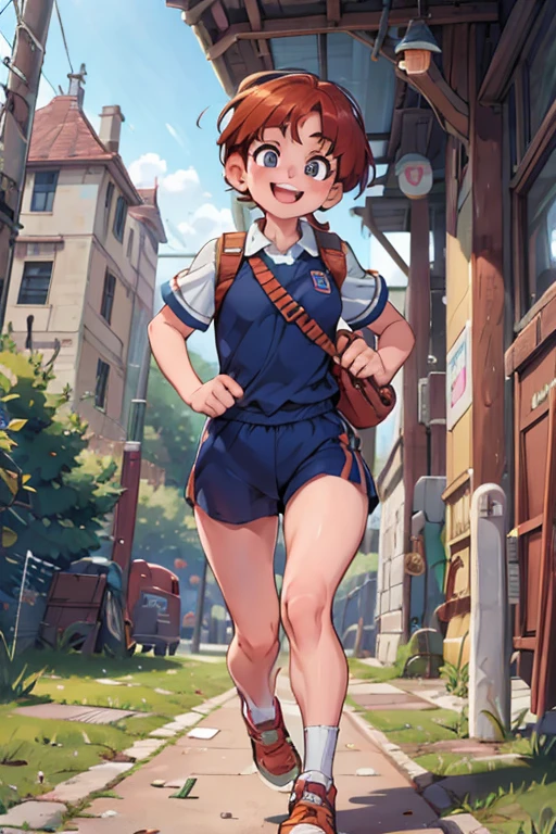One girl. Perfect face. Perfect hands. A copper haired girl with copper eyes wearing a navy uniform is running to the library with a big smile in the school
