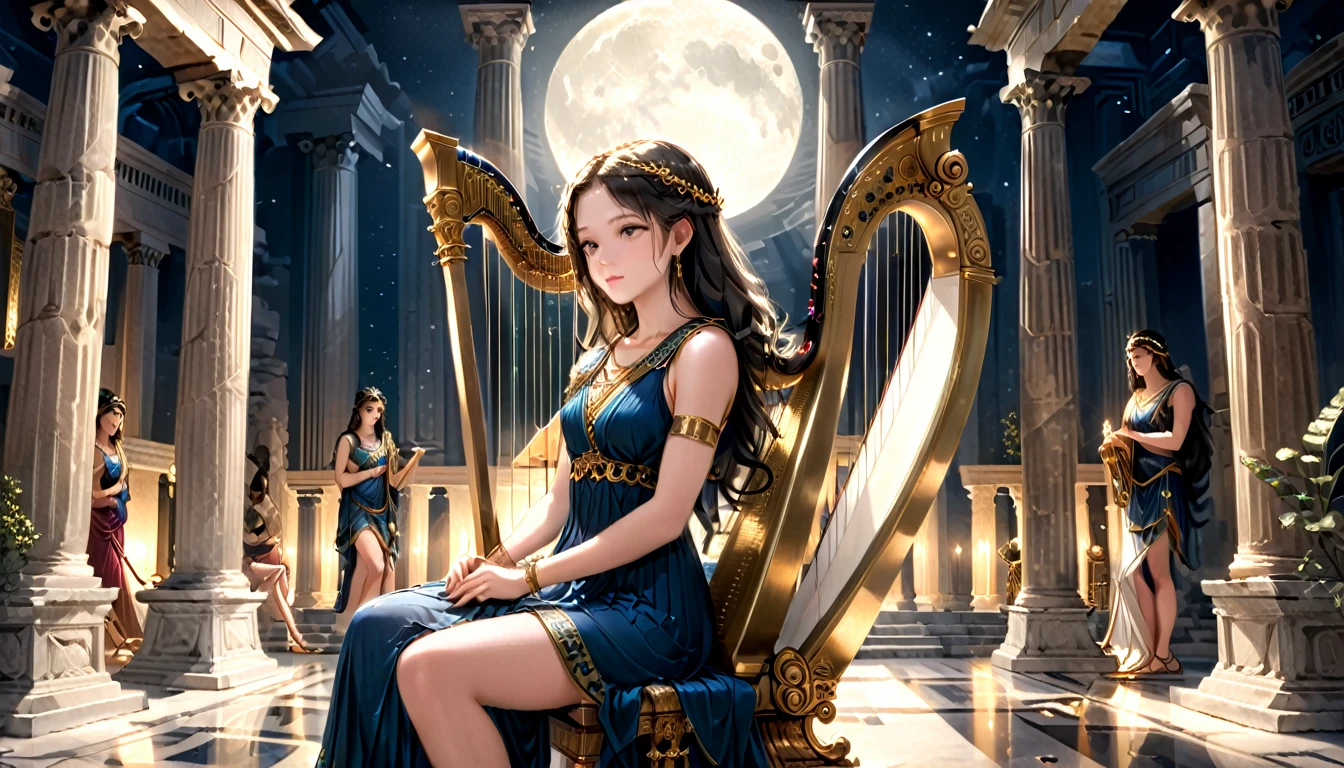 a young priestess, sitting, she places a harp larger than herself in front of him and plays it, playing a large lyre, ancient Greek temple, late at night, inside the temple it is (dark:1.3) and there is (no lighting:1.2), the moonlight shines in at an angle, shining a faint light on her., highly detailed, photorealistic, realistic lighting, intricate architecture, ornate decorations, cool color palette, golden accents, soft fabric textures, mesmerizing expression, elegant pose, cinematic composition, natural lighting, realistic shadows, mystical atmosphere, hyperrealistic, award-winning art