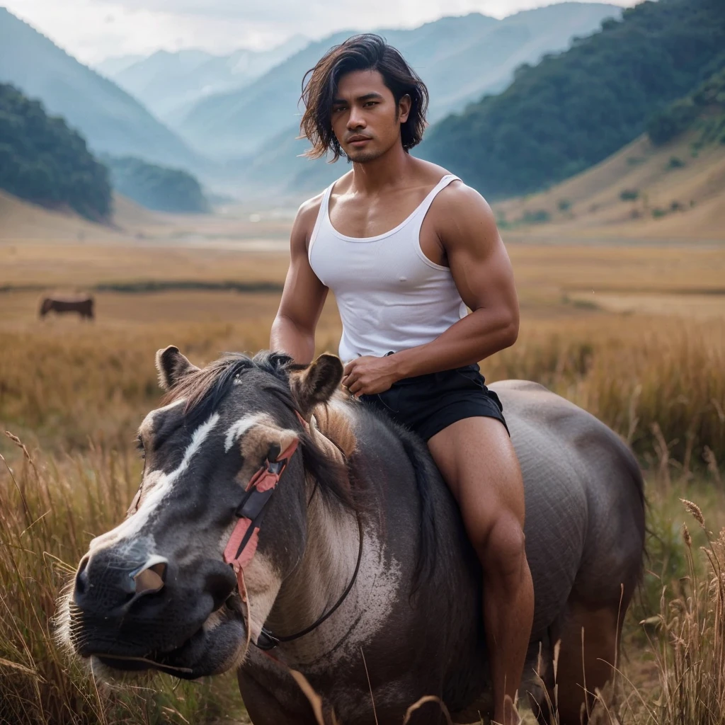 An attractive 30-year-old Indonesian man with layered hair, wearing a white singlet and black shorts, riding a Nile horse. The background features a grassy plain with mountains