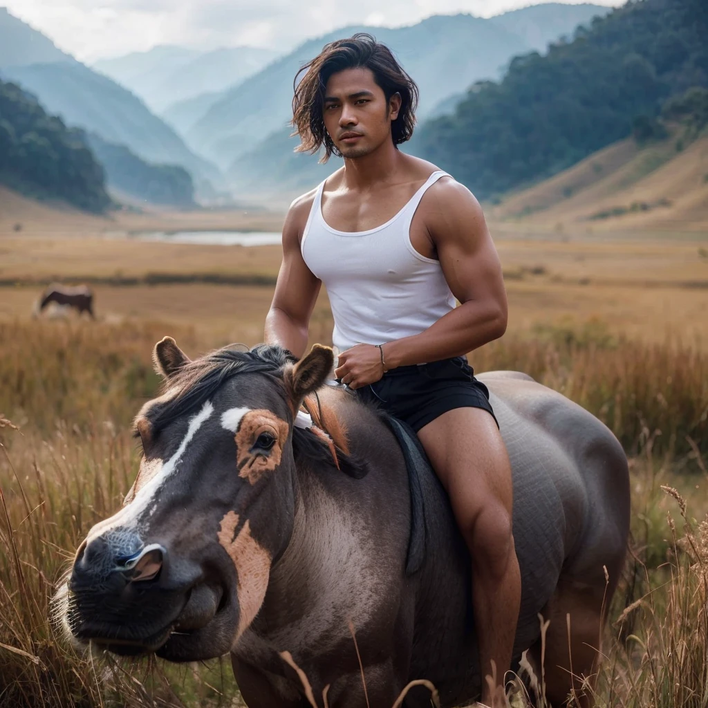 An attractive 30-year-old Indonesian man with layered hair, wearing a white singlet and black shorts, riding a Nile horse. The background features a grassy plain with mountains