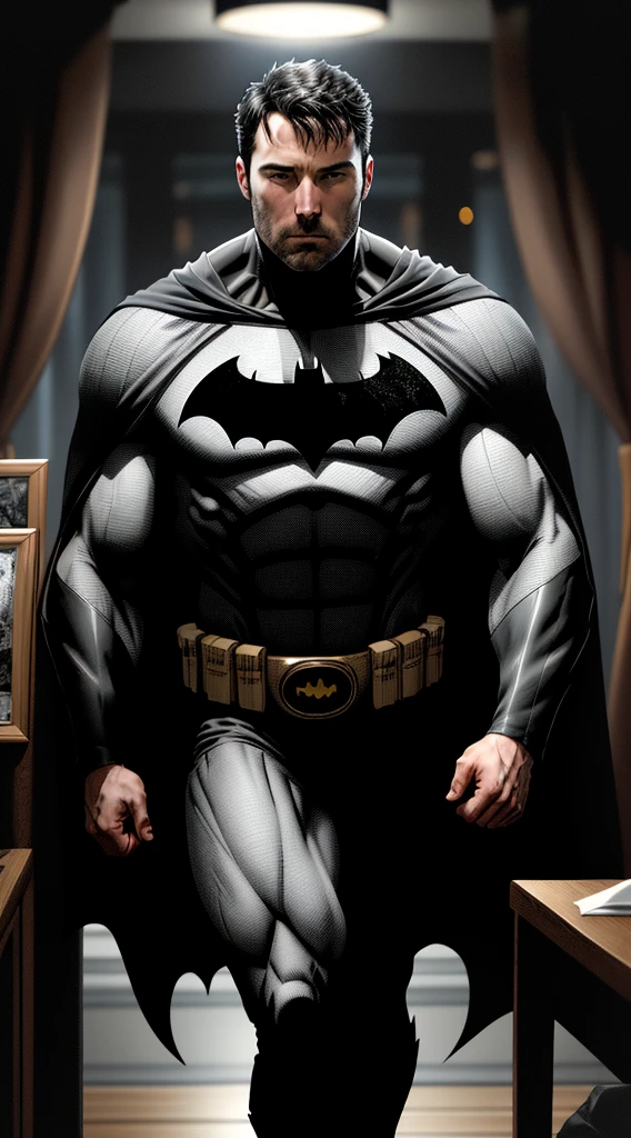 1 person, alone, Ben Affleck plays Batman, expensive, piece, Muscular, Bulk, Broad shoulders, Photorealism, Dark grey suit, Dark grey arms, ((No mask)), Remove the mask, Black Hair, Black gloves, Highest quality, masterpiece, High resolution:1.2, Black Cape, A mask with attention to detail, A suit made with attention to detail, A face with attention to detail, Awards, at night, dark cave in the background, indoor