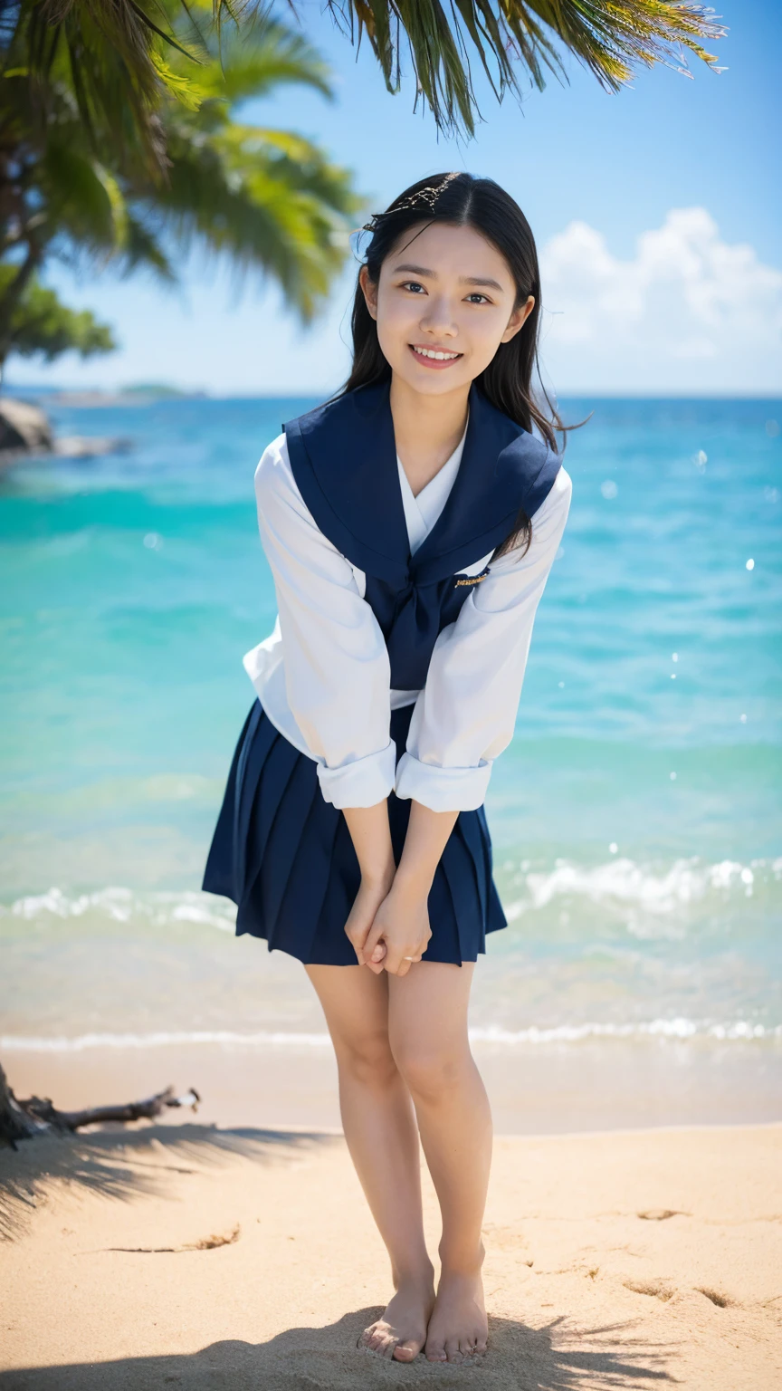(((sunny day、Japanese 、Beach、A strong wind is blowing、Her hair and skirt are flying、Crouch down, Scooping up seawater and spreading your hands、Traditional navy blue sailor uniform、White blouse、Pleated skirt、Scooping seawater with hands:1.25、splash、Splashing water on each other、smile、Laughter、Sandy Beach、Light of the sun、clear blue sea、The waves crash quietly、blue sky with white clouds、green mountain々、Beautiful Nature、The joy of youth)))、(((Top-down composition:1.33)))、(((8K、Highest quality、masterpiece、Ultra-high resolution)))、(Realistic:1.4)、RAW Photos、(Real skin texture:1.3)、(Film Grain:1.3)、((No underwear、Bend one leg))、One Girl、Beautiful and detailed eyes and face、barefoot、