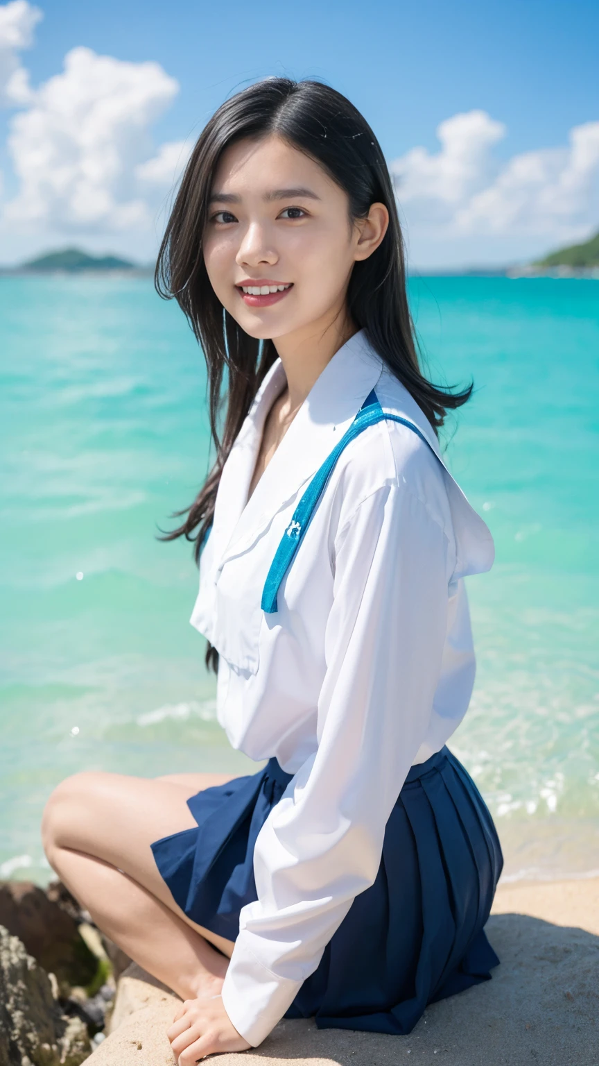 (((sunny day、Japanese 、Beach、A strong wind is blowing、Her hair and skirt are flying、Crouch down, Scooping up seawater and spreading your hands、Traditional navy blue sailor uniform、White blouse、Pleated skirt、Scooping seawater with hands:1.25、splash、Splashing water on each other、smile、Laughter、Sandy Beach、Light of the sun、clear blue sea、The waves crash quietly、blue sky with white clouds、green mountain々、Beautiful Nature、The joy of youth)))、(((Top-down composition:1.33)))、(((8K、Highest quality、masterpiece、Ultra-high resolution)))、(Realistic:1.4)、RAW Photos、(Real skin texture:1.3)、(Film Grain:1.3)、((No underwear、Bend one leg))、One Girl、Beautiful and detailed eyes and face、barefoot、