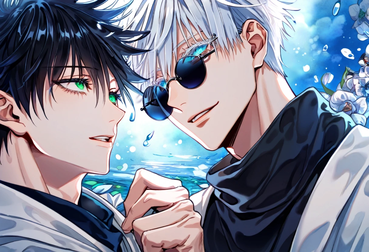 absurdres, highres, ultra detailed, HDR, master piece, Fushiguro Megumi, black hair, expressive green eyes, Gojou Satoru, white hair with bangs, white eyelashes, expressive blue eyes, black round sunglasses, Jujutsu Kaisen, two sexy man together, gay couple, yaoi, love, handsome, best quality, blue moon, flowers, fantasy, magical, water, blue shining fireflies, blue petals, black scarf, white haori, handsome smile,