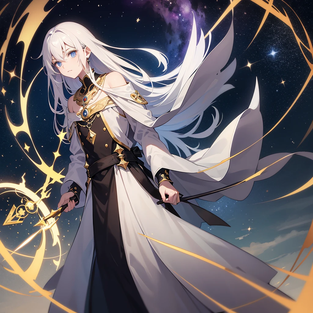 **name:** Sirion, the Star Walker
**Appearance:**
- Sirion has skin as pale as moonlight, almost translucent. Your features are sharp and ethereal, with silver eyes that seem to reflect the night sky.
- His hair is long and silver, falling in wavy strands to the shoulders. He ties it with a sky-blue silk ribbon.
- Sirion is tall and slender, with graceful and silent movements. He wears a black silk robe embroidered with golden constellations..
**Personalidade:**
- Sirion is a dreamer, always contemplating the stars and the mysteries of the universe. He is wise and mysterious, with a touch of melancholy in your eyes.
- He is compassionate and kind, but it also holds deep secrets. Your loneliness is palpable, as if carrying the weight of countless past lives.
**history:**
- Sirion was born under a meteor shower, and the village elders believe he has a special connection to the heavens. He travels from world to world, searching for answers to questions that not even the gods dare ask.
- They say he has a star inside him, a flame that burns with the wisdom of the cosmos. He is a guardian of interdimensional portals, protecting the passage between the kingdoms.
**averi:**
- Sirion carries a staff of ebony wood, carved with star symbols. He uses it to open portals and communicate with the stars.
- In your leather bag, he keeps a map of the constellations, marking the places you’ve been to and the ones you still want to explore.
- A silver necklace with a meteorite stone hanging on a thin chain is always around her neck. They say the stone contains the secrets of the universe.