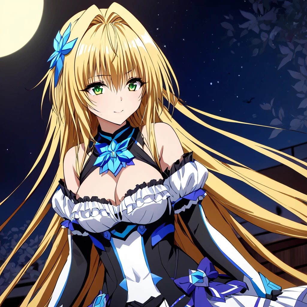 ((Highest quality)), ((masterpiece)), (detailed), (Perfect Face)、The woman is a beautiful, attractive adult female tiare with green eyes, blonde medium-long hair, a transforming heroine of evil Extia Spica, posing against the backdrop of the night moon.、The woman is evil and wears black clothing.