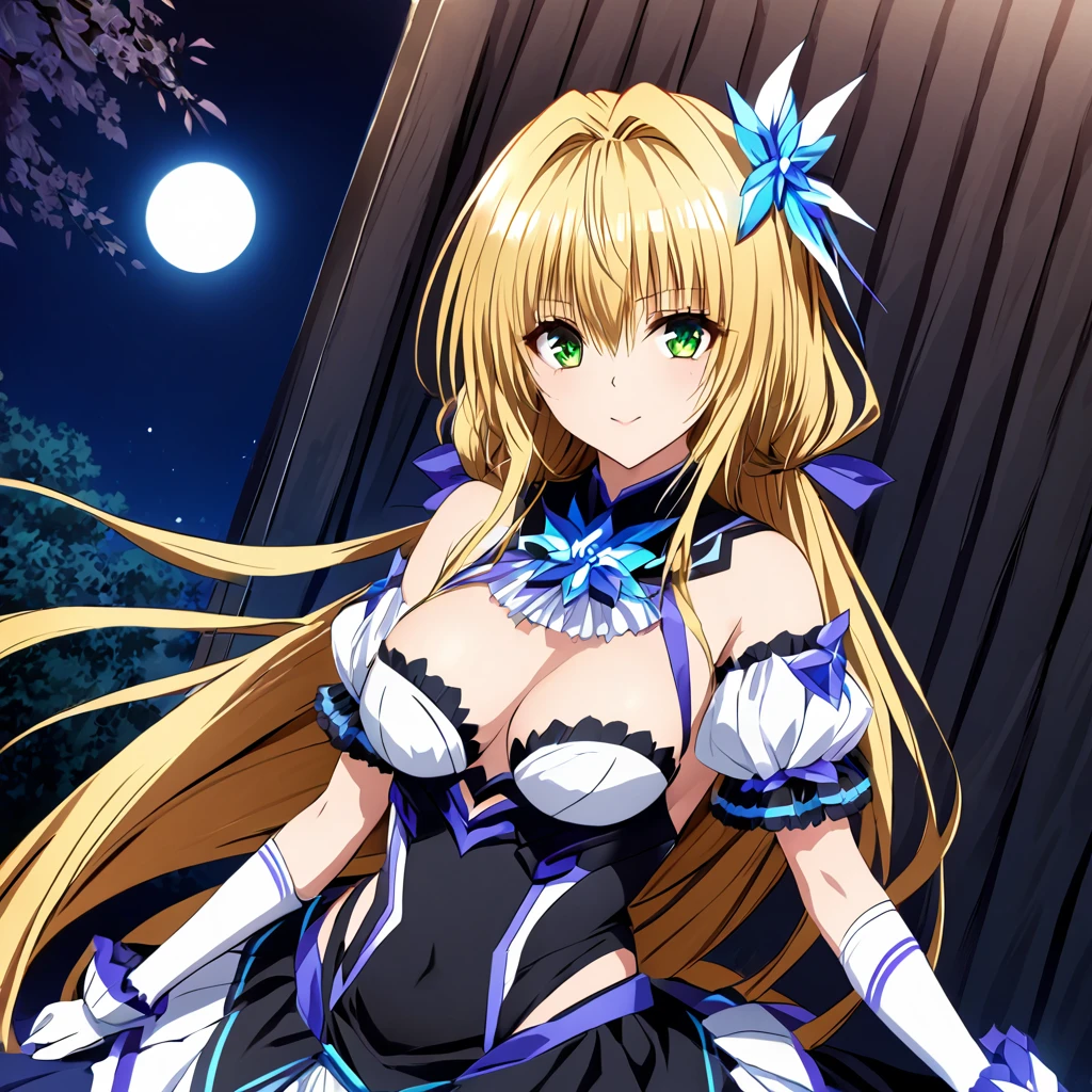 ((Highest quality)), ((masterpiece)), (detailed), (Perfect Face)、The woman is a beautiful, attractive adult female tiare with green eyes, blonde medium-long hair, a transforming heroine of evil Extia Spica, posing against the backdrop of the night moon.、The woman is evil and wears black clothing.