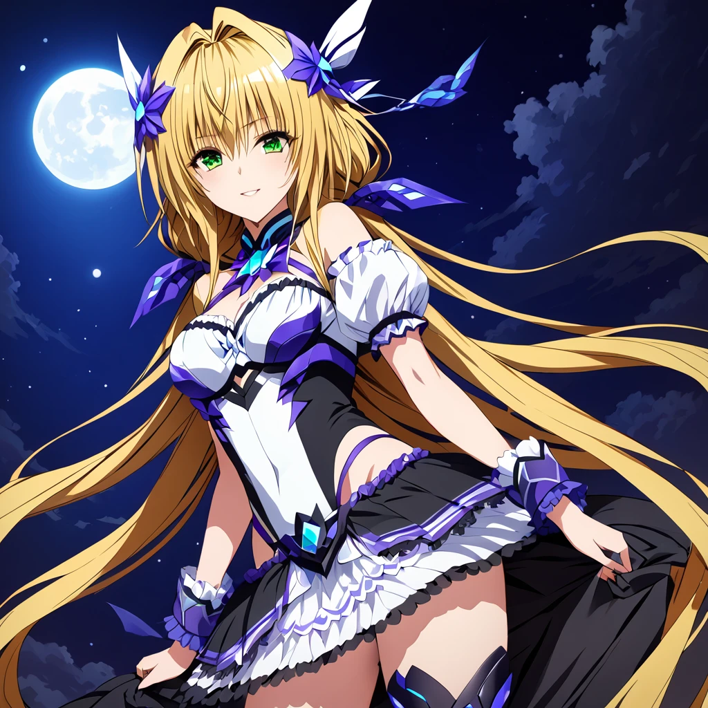 ((Highest quality)), ((masterpiece)), (detailed), （Perfect Face）、The woman is a beautiful, attractive adult female tiare with green eyes, blonde medium-long hair, a transforming heroine of evil Extia Spica, posing against the backdrop of the night moon.、The woman is evil and wears black clothing.