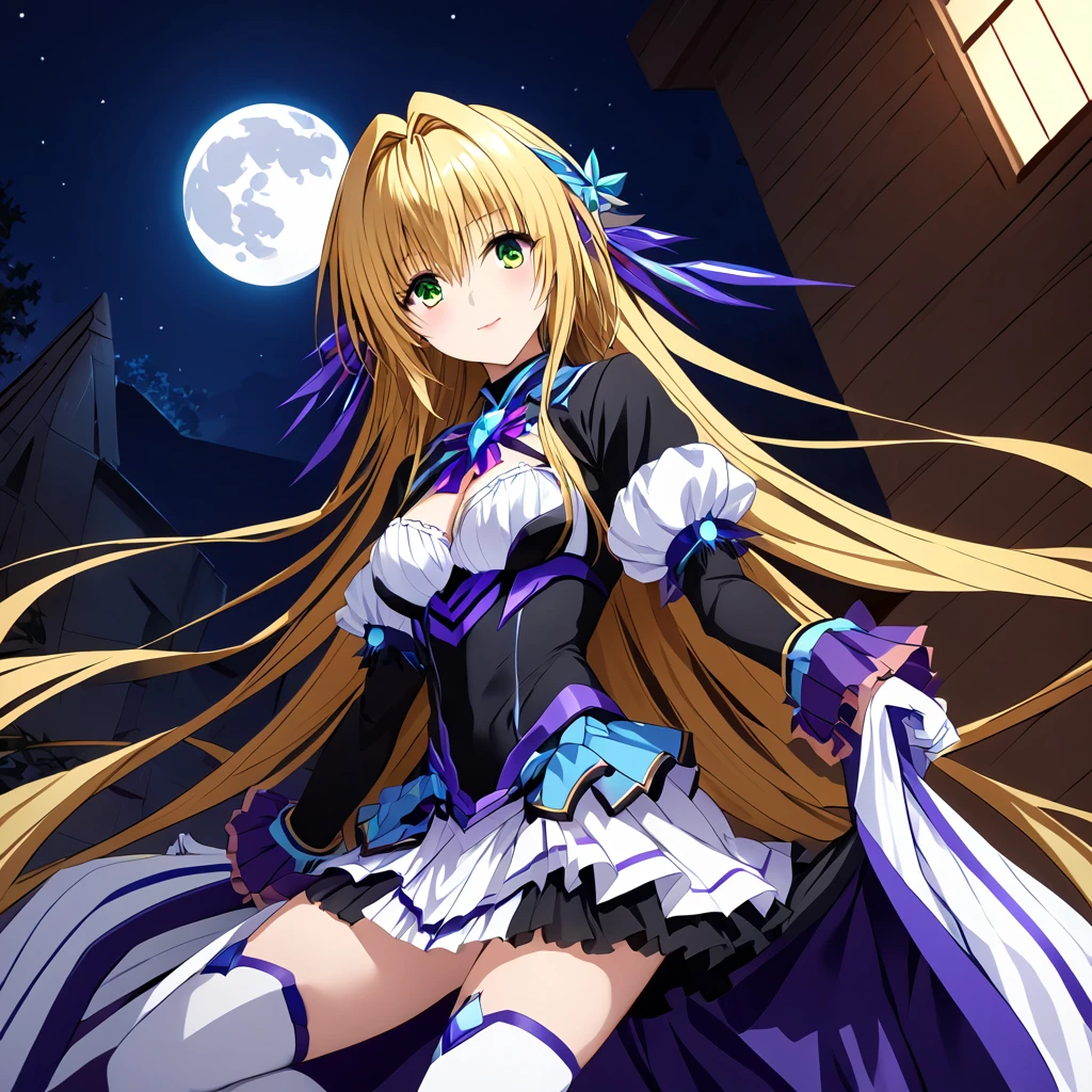 ((Highest quality)), ((masterpiece)), (detailed), （Perfect Face）、The woman is a beautiful, attractive adult female tiare with green eyes, blonde medium-long hair, a transforming heroine of evil Extia Spica, posing against the backdrop of the night moon.、The woman is evil and wears black clothing.