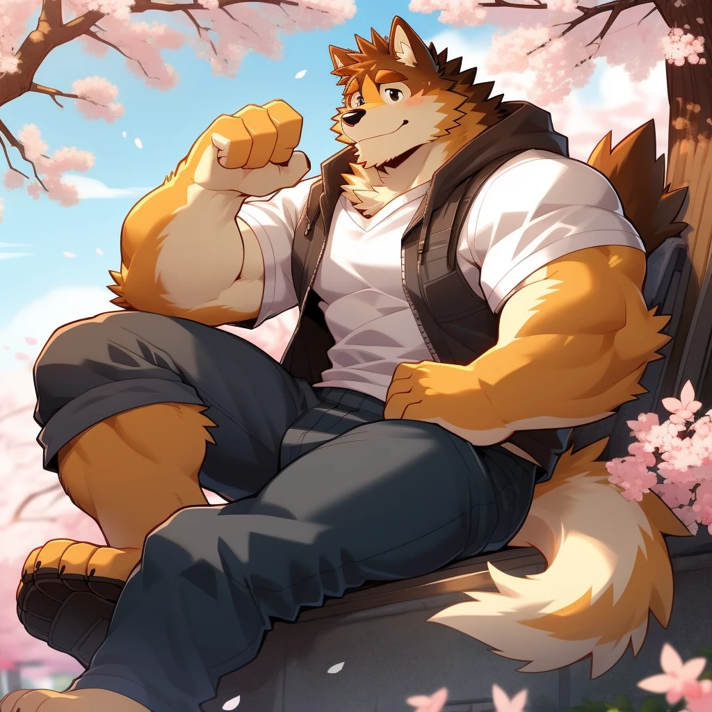 Scribble 柴dog face,Cute face,Humanity(dog),(Casual Wear:1.3),Muscular,(Brown eyebrows:1.1),(Perfect black eyes),（artist:Takemoto Arashi）,(Bulging buttocks),(Foam)，Cherry blossoms，Sitting，Wolf Tail。