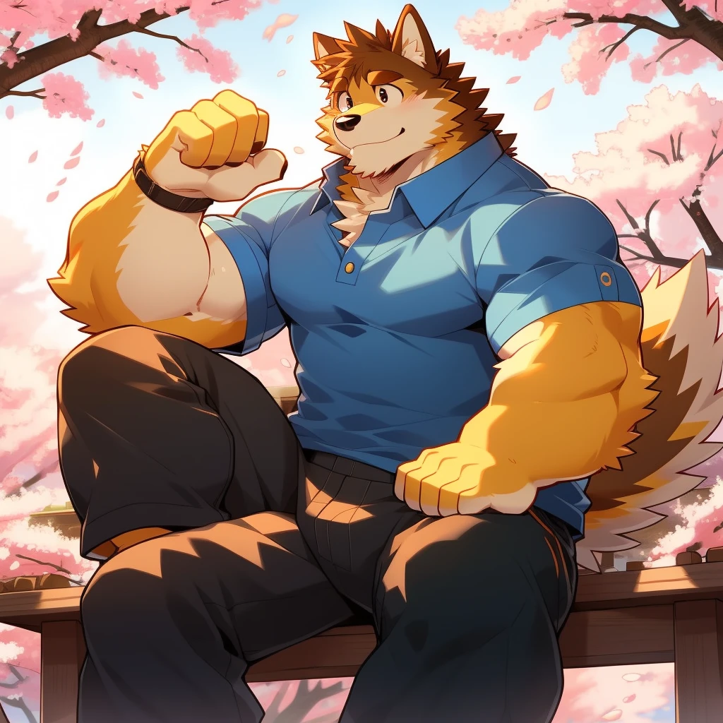 Scribble 柴dog face,Cute face,Humanity(dog),(Casual Wear:1.3),Muscular,(Brown eyebrows:1.1),(Perfect black eyes),（artist:Takemoto Arashi）,(Bulging buttocks),(Foam)，Cherry blossoms，Sitting，Wolf Tail。