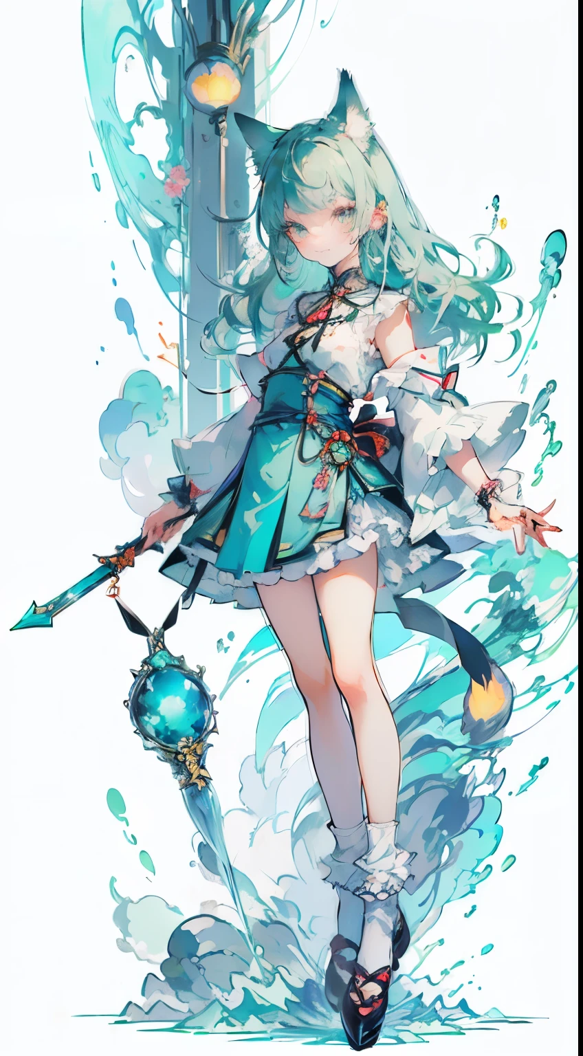 ((Tabletop, Highest quality: 1.1), ((Anime girl in a blue dress holding a magic wand)), Art Nouveau、メイド服を着たアニメのCat girl, , ((Green hairs))、Long-haired、((Eyes like shining jewels Long lashes Transparency))、Very Beautiful Anime Cat girl, アニメCat girl, ((White knee-high socks)), 魅力的なCat girl, Inspired by Leiko Ikemura, Takano Aya color style, in ryuuou no oshigoto art style, Cat girl, Favorite character, rei hiroe、With a smile