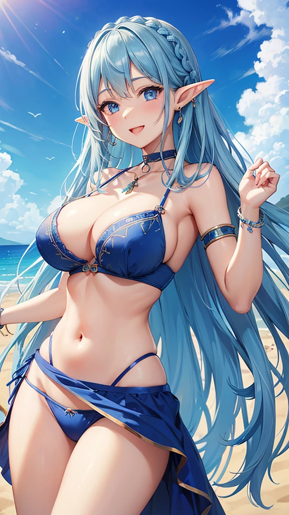 Highest quality、Highest quality、masterpiece、(8K resolution),beauty(Age 25)、(Mature Appearance)、Light blue long hair(Braiding of sides)、blue eyes、(Blue underwear with detailed embroidery)、(Elf)、Big cleavage、((Very large breasts))、smile、blue necklace、Blue Earrings、background(Beach)、Please open your mouth wide、bracelet、Dynamic pose、Blue choker、