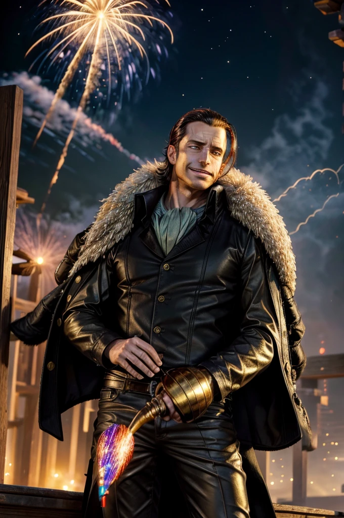 masterpiece, best quality, extremely detailed, hyperrealistic, photorealistic, a cool 40s man, ultra detailed face:1.2, fur-trimmed coat, scarf around the neck, his left hand is a golden pirate hook:1.1, cigar, sly smile, fireworks festival, detailed fireworks:1.1, fireworks burst in a multitude of vibrant hues, each explosion is intricately detailed with sparks and captivating rails, the night sky is clear and the stars twinkle in the background