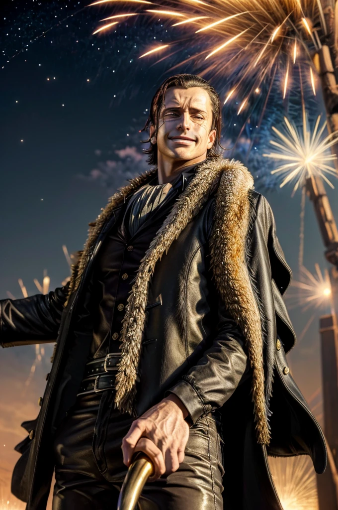 masterpiece, best quality, extremely detailed, hyperrealistic, photorealistic, a cool 40s man, ultra detailed face:1.2, fur-trimmed coat, scarf around the neck, his left hand is a golden pirate hook:1.1, cigar, sly smile, fireworks festival, detailed fireworks:1.1, fireworks burst in a multitude of vibrant hues, each explosion is intricately detailed with sparks and captivating rails, the night sky is clear and the stars twinkle in the background