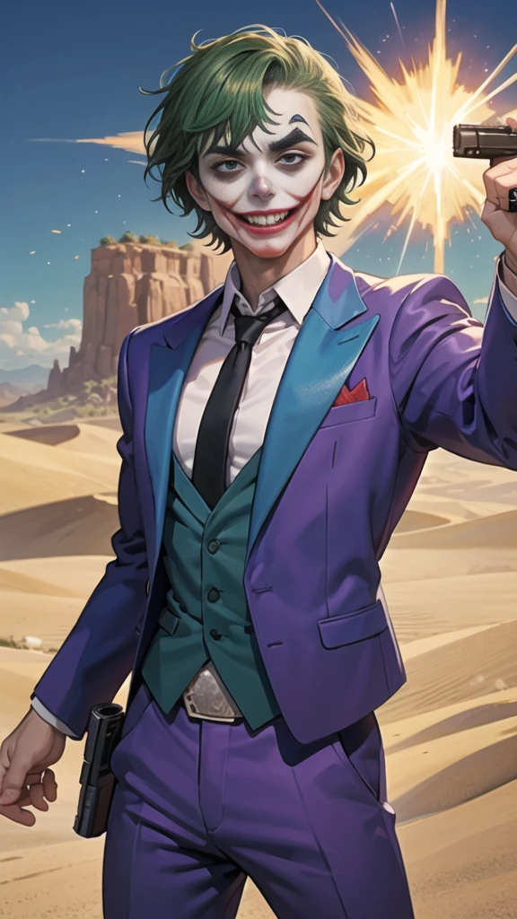 Masterpiece, best quality, The Joker wears a purple suit., , look at viewer, Aim the gun., ถือpistol, look at viewer, stand, , ((pistol)),((Aim the gun.ไปที่ผู้ชม)),gun possession, desert, Laugh and laugh ,explosion from gun