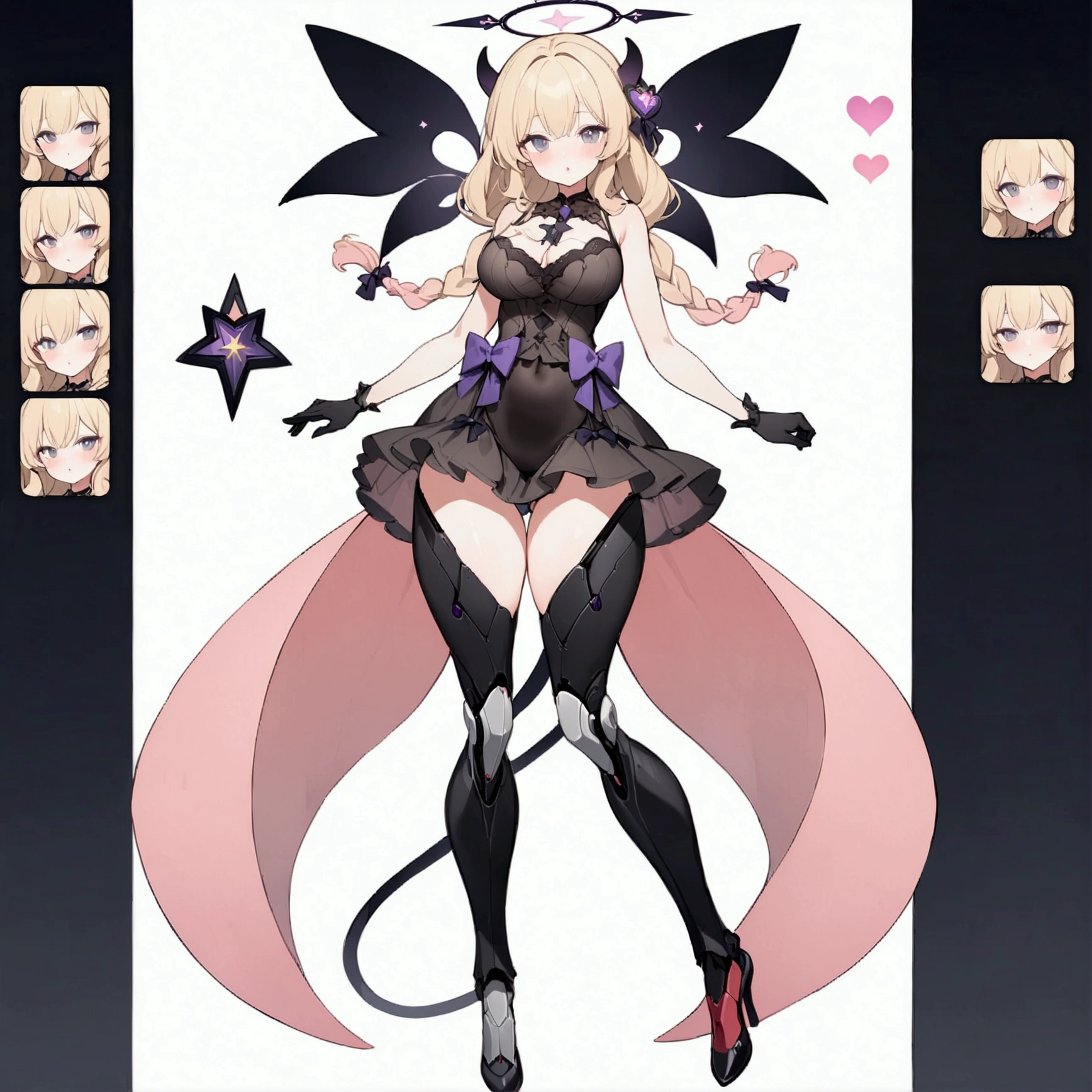 Woman 170cm tall, big chest, wide hip. (character design sheet: front view). (blonde hair, hip length curly wavy hair, It's set in big side bangs., She has a short double braid tied with an elegant purple bow on the left side of her hair above her chest. She has a short double braid tied with an elegant purple bow on the right side of her hair above her chest. She has small ribbons in the back of her hair.). Gray eyes with a purple 4-pointed star in the pupil. Two black and purple serval ears located on the top of the head. Luminous black halo with purple star patterns above his head. black necklace with a heart emblem on the neck. (Elegant one-piece long dress with lace and ruffle skirt, ribbon decorations and star patterns on the dress). black gloves, beautiful black platform heels. gray belt at the waist with a large ribbon with a luminous pink heart in the middle. He has a complex demon tail with a small purple star on the tip.. (It has complex mechanical legs that reach up to the thighs and are black with small purple details.). beautiful detailed hair, beautiful detailed dress. extremely detailed arms. extremely detailed face, small face, Beautiful detailed eyes, beautiful detailed lips. adorable. extremely detailed legs. (Best Quality, 4k, 8k, high resolution), ultra detailed, Exquisite and epic character art.