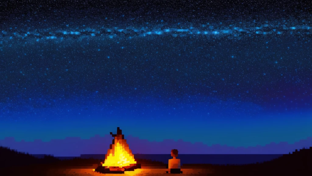 boy sitting by the campfire looking at the horizon at night, mountainscape, forst, beachfront, palm trees starry sky, overview, happy and colorful
