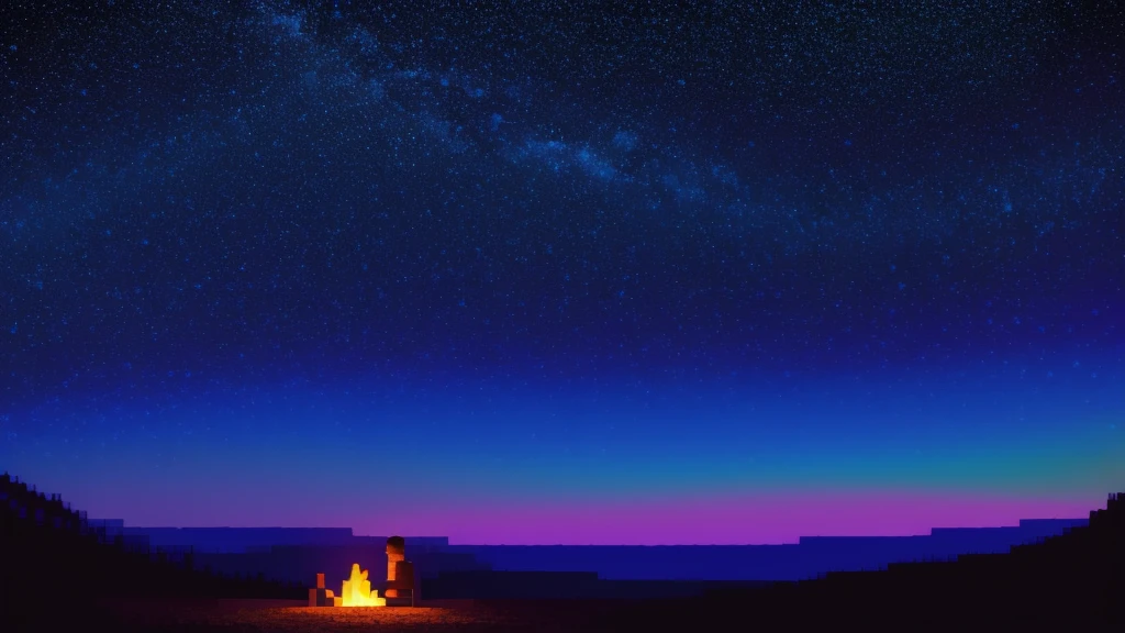 boy sitting by the campfire looking at the horizon at night, mountainscape, forst, beachfront, palm trees starry sky, overview, happy and colorful