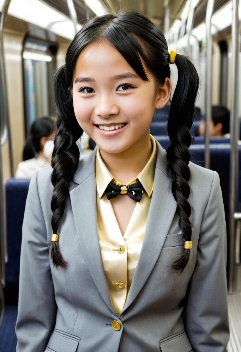 15 year old girl, black hair, children's pigtails hair, Asian facial structure, happy expression, she wearing tight bussines suit, golden necklace, visible nipples, she in a metro,