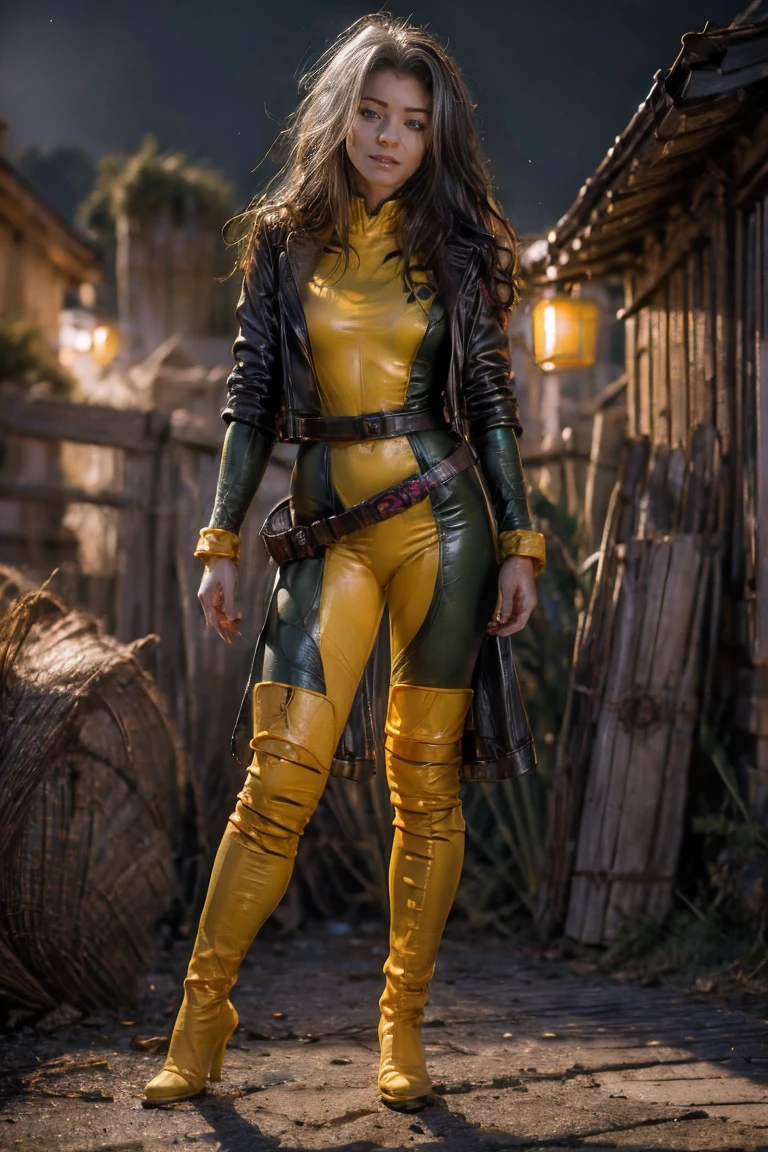 Melisa Mendiny, (best qualityer,4K,8K,high resolution,work of art:1.2), ultra detali,(realisitic,photorealisitic,photo-realisitic:1.37), full body shot shot, on its own, x-men,yellow high boots,beauty pose, standing, show feets, out, city roof at night, green belt