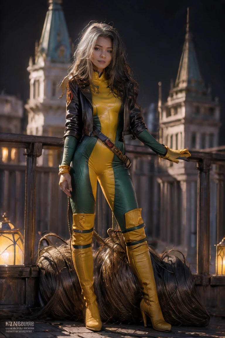 Melisa Mendiny, (best qualityer,4K,8K,high resolution,work of art:1.2), ultra detali,(realisitic,photorealisitic,photo-realisitic:1.37), full body shot shot, on its own, x-men,yellow high boots,beauty pose, standing, show feets, out, city roof at night, green belt