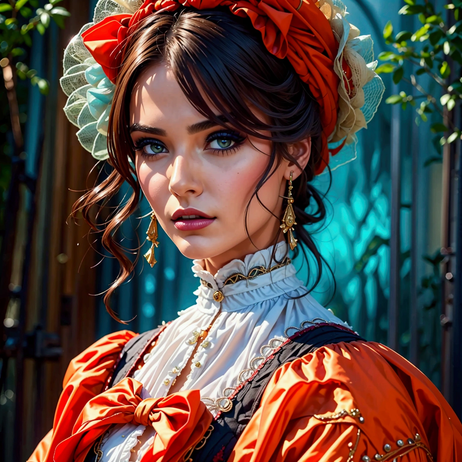 a woman in 1880s dress, a woman in 1980s outfit, a woman in 2180s futuristic outfit, masterpiece, highly detailed, photorealistic, cinematic lighting, dramatic lighting, intricate details, fashion illustration, oil painting, studio lighting, ultra-detailed