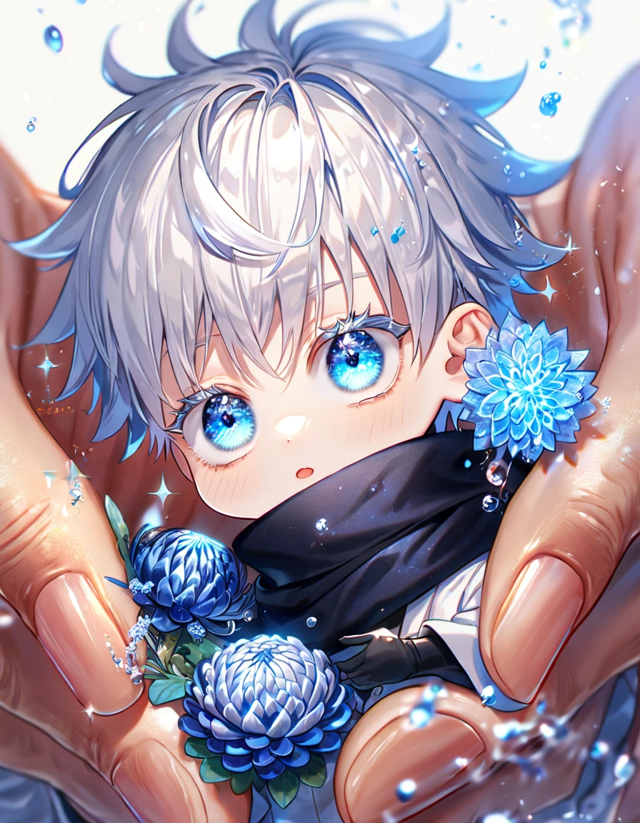 absurdres, highres, ultra detailed, HDR, master piece, best quality, extremely detailed, Gojou Satoru chibi, white hair, expressive blue eyes, white eyelashes, Jujutsu Kaisen, solo, cute, black scarf, white haori, black T-shirt, fantasy, water, sparkling, blue glittering fireflies, blue moon, blue blossoms, blue chrysanthemums, blue sparkling lights, starry sky