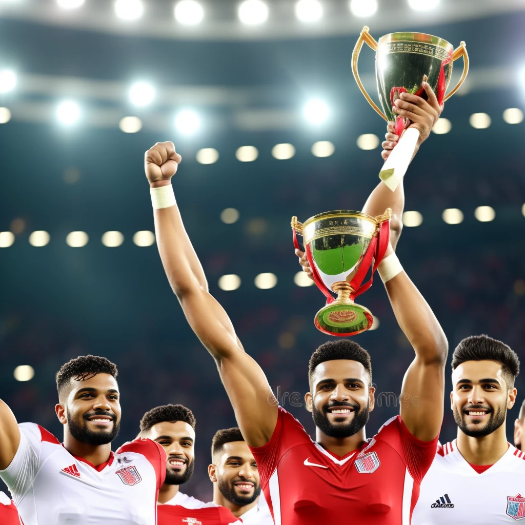 Football player lifting championship cup in stadium