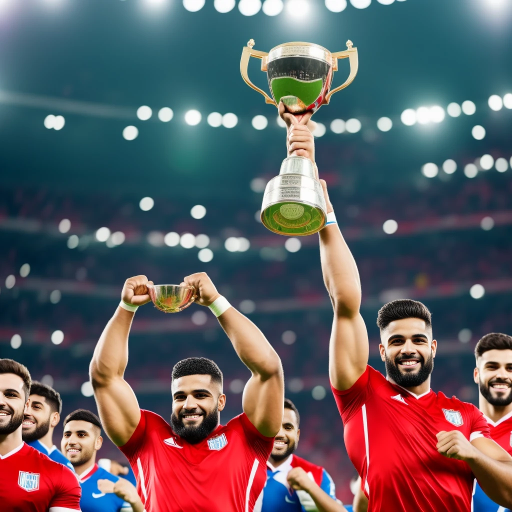Football player lifting championship cup in stadium 