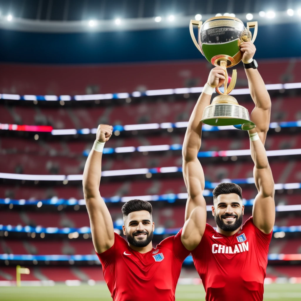 Football player lifting championship cup in stadium 