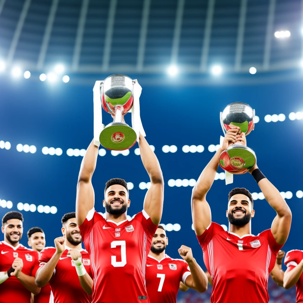 Football player lifting championship cup in stadium 