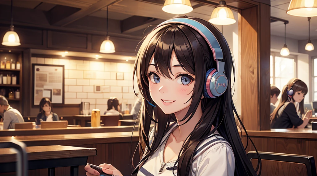 Girl with headphones enjoying music in a cafe I am studying Emphasize a little bit of the chest Smiling at me with a smile