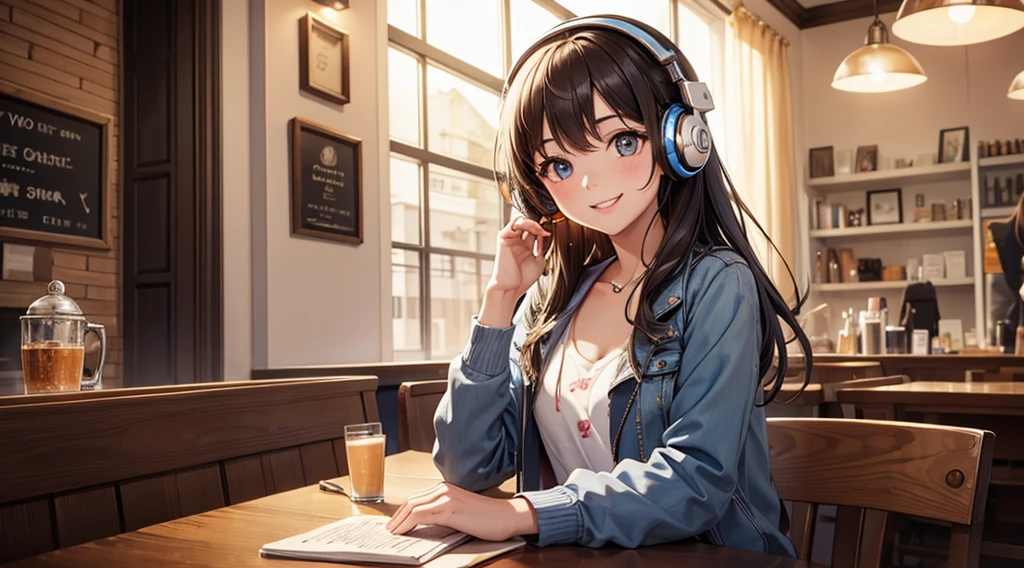 Girl with headphones enjoying music in a cafe I am studying Emphasize a little bit of the chest Smiling at me with a smile