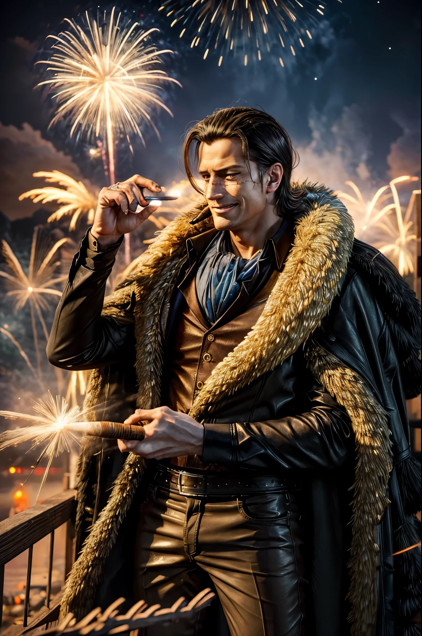 masterpiece, best quality, extremely detailed, hyperrealistic, photorealistic, a cool 40s man, ultra detailed face:1.2, fur-trimmed coat, scarf around the neck, his left hand is a golden pirate hook:1.1, cigar, sly smile, fireworks festival, detailed fireworks:1.1, fireworks burst in a multitude of vibrant hues, each explosion is intricately detailed with sparks and captivating rails, the night sky is clear and the stars twinkle in the background