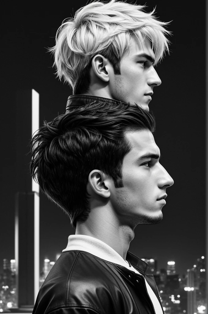 Create an image in manga style, drawn in black and white, with shading and in 2D. The image should have an animated look like anime characters. On the left side of the image, a young man appears, showing only his profile from the shoulders up. The young man has a jacket, a messy hairstyle and inconspicuous dark circles. On the right side of the image, there is an adult in the same position, showing only his profile from the shoulders up. The adult has well-combed hair with some white parts and is wearing a futuristic armor chest.. In the background of the image, there is a city with a big building in the center