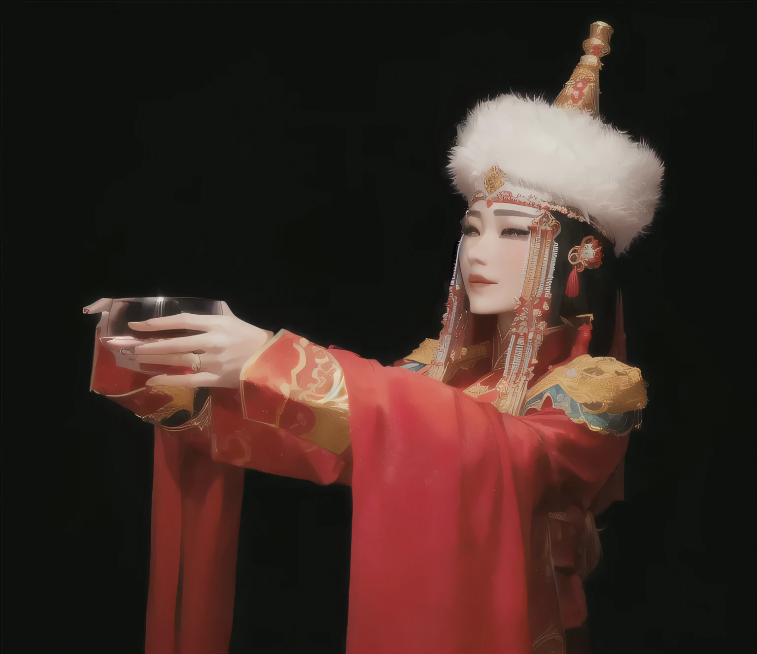 Mongolia dressed in red and holding a glass of wine, a young woman as Genghis Khan, Empress of China, dressed as an emperor in ancient Mongolia costume, palace, a girl dressed in Mongolia, she dressed in Mongolia costume, Mongolia empress, Mongolia woman, Chinese princess, Chinese traditional costume, traditional costume, Chinese costume, sand Xi