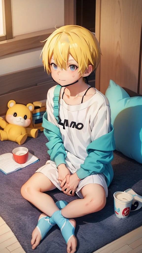 anime boy sitting on the floor with stuffed animals in the background, cute anime, anime boy, pixiv, at pixiv, kawacy, top rated on pixiv, anime lover, by Shitao, cute art style, trending on pixiv, anime moe artstyle, cute artwork, makoto, cute anime style, high quality anime artstyle yellow hair He is small He's covered