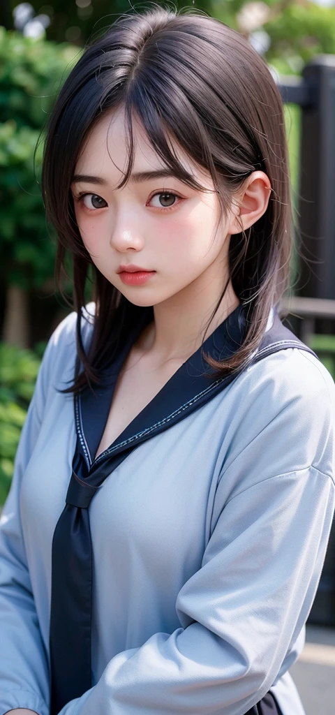 (1 nogizaka girl,15years old face,raw photo,photo realistic:1.5),(best quality, high quality,HDR, highest quality,ultra high resolution,high resolution,high res,ultra high difinition,huge file size,8K,2K wallpaper,8K wallpaper,high quality texture,amazing,an extremely delicate:1.4),one girl, Japanese famous idol,cute face,small face,absurd,ridiculous,incredibly ridiculous,blurry background,(school uniform,sailor suit,short hair,cleavage,no makeup:1.2),medium skin,beautiful skin,detailed skin,black hair,silky hair,black eyes,Japanese nose,5-fingers,(Light Particles, Lens Flare, Luminous Particles: 0.7),looking at viewer,bright lighting,professional lighting,girl