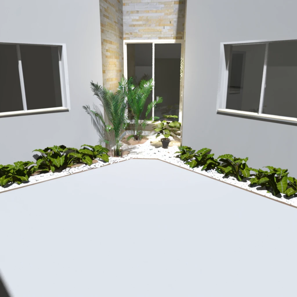 gravels below the plants, terrace with large cement area in the middle, white wall with small plants around, 3 windows, winter garden in the middle with two big plants with gravels on the ground