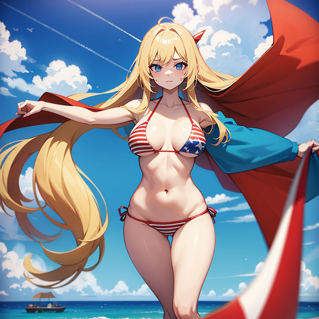 Voluptuous long blonde hair girl with bikini in the colors of the American flag 