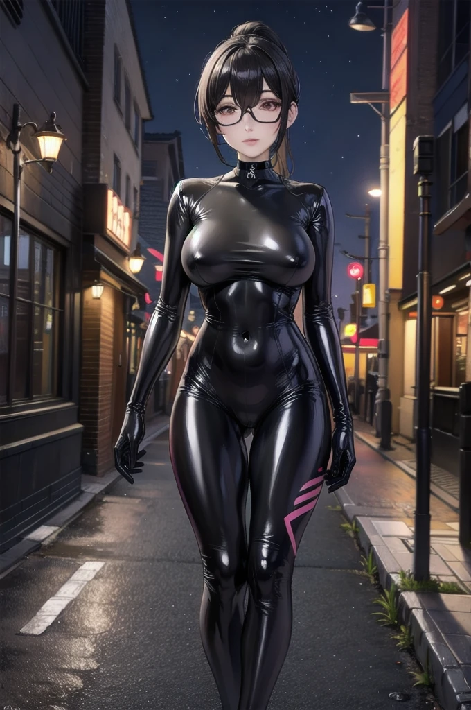  Masterpiece, Beautiful art, professional artist, 8k, shy expression, very detailed face,1 girl, View from the front, standing, walking down the street, BIG BREASTS, perfectly drawn body, pale skin, shy expression, beautiful face, black hair short ponytail, 4k eyes, very detailed eyes, pink cheeks, glasses, choker:1.6, (shiny black tight bodysuit), Sensual Lips, show details in the eyes, City, at night