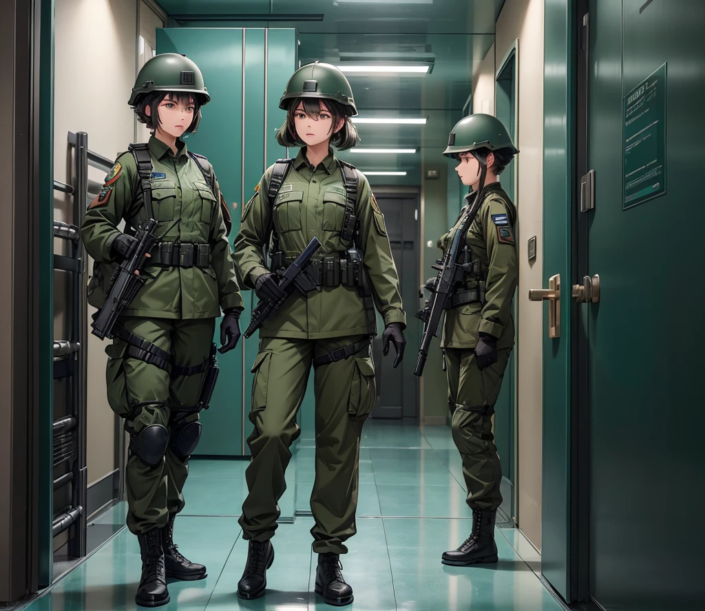 A group of female soldiers all wearing teal green military uniforms，Wear a steel helmet、Military Pants、Individual equipment set、Alert with guns，In front of the open elevator door、Write details、masterpiece、best quality、Highly detailed CG、8K picture quality