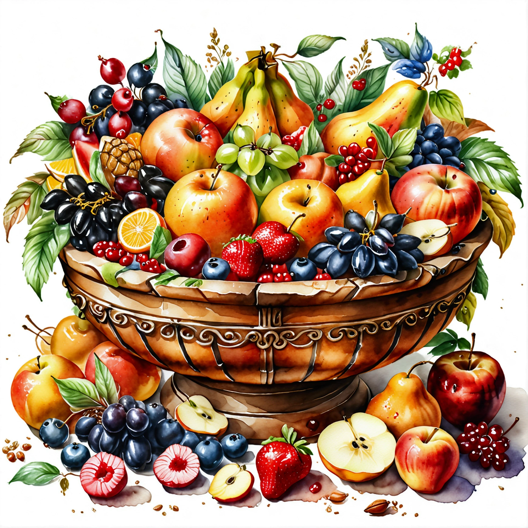 There are plenty of different fruit , served in classy medieval age bowl, illustration, baking ingredients, isolated with solid white background, surrounded with negative space, centered composition, 8k, highest detailed painting, very precise painting, Isolated, clear solid white background, perspective angle of view, cartoon style, ((watercolor:1)), clip art, (lora:add-detail-xl:1), (masterpiece), (best quality), no bread on the floor,
