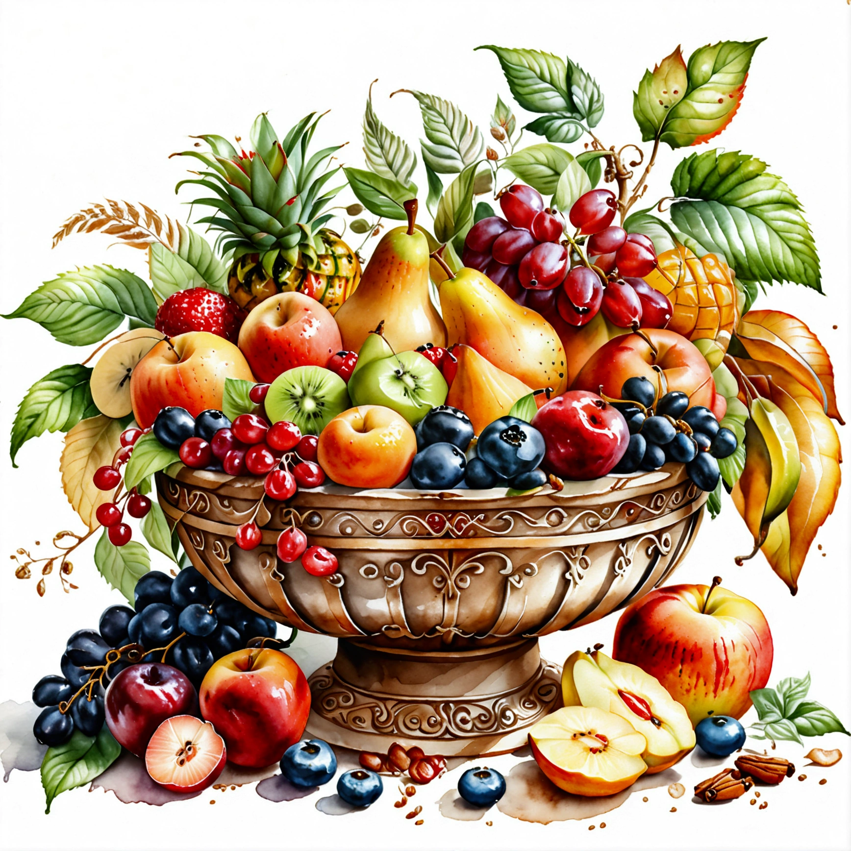 There are plenty of different fruit , served in classy medieval age bowl, illustration, baking ingredients, isolated with solid white background, surrounded with negative space, centered composition, 8k, highest detailed painting, very precise painting, Isolated, clear solid white background, perspective angle of view, cartoon style, ((watercolor:1)), clip art, (lora:add-detail-xl:1), (masterpiece), (best quality), no bread on the floor,