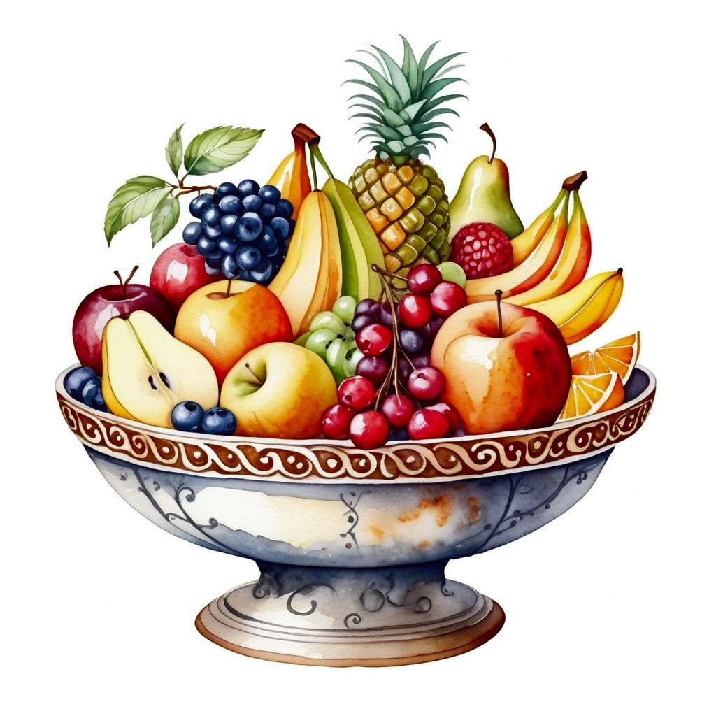 There are plenty of different fruit , served in classy medieval age bowl, illustration, baking ingredients, isolated with solid white background, surrounded with negative space, centered composition, 8k, highest detailed painting, very precise painting, Isolated, clear solid white background, perspective angle of view, cartoon style, ((watercolor:1)), clip art, (lora:add-detail-xl:1), (masterpiece), (best quality), no bread on the floor,