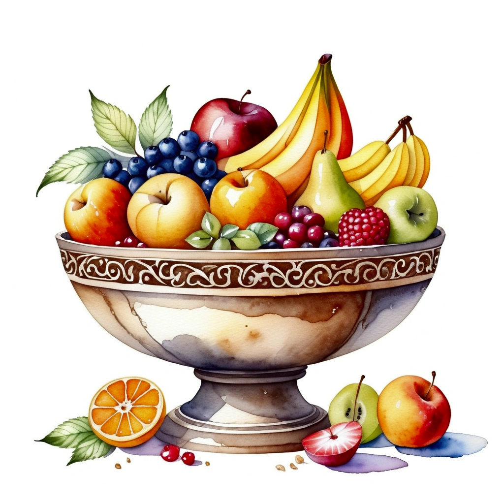 There are plenty of different fruit , served in classy medieval age bowl, illustration, baking ingredients, isolated with solid white background, surrounded with negative space, centered composition, 8k, highest detailed painting, very precise painting, Isolated, clear solid white background, perspective angle of view, cartoon style, ((watercolor:1)), clip art, (lora:add-detail-xl:1), (masterpiece), (best quality), no bread on the floor,